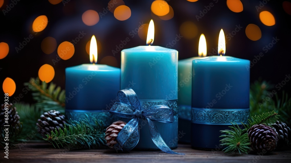 a couple of blue candles sitting on top of a wooden table next to pine cones and a blue ribbon with a bow on top of the candles are surrounded by pine cones. a couple of blue candles sitting on top of a wooden table next to pine cones and a blue ribbon with a bow on top of the candles are surrounded by pine cones.