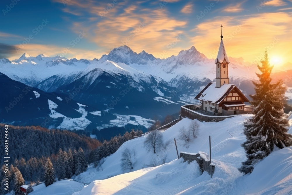 Austrian ski resort in the mountains view with ancient chapel