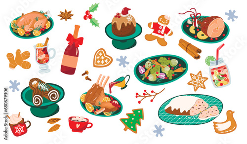 Christmas food collection for winter holidays party.Turkey, roast beef, ham, vegetables, stollen, pudding, cake, gingerbread and hot drinks.Mulled wine with fruits.Vector flat isolated illustration. 