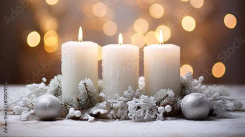  a group of three white candles sitting on top of a table next to a christmas ornament and a silver ornament on top of a white cloth.