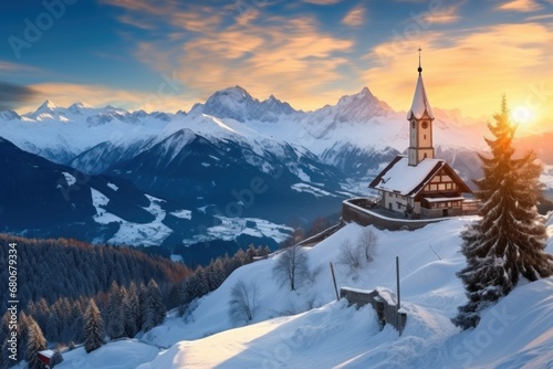 Fototapeta Austrian ski resort in the mountains view with ancient chapel