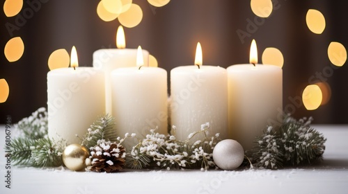  a group of lit candles sitting on top of a table next to a christmas wreath and a pine cone on top of a white table with a gold baub.