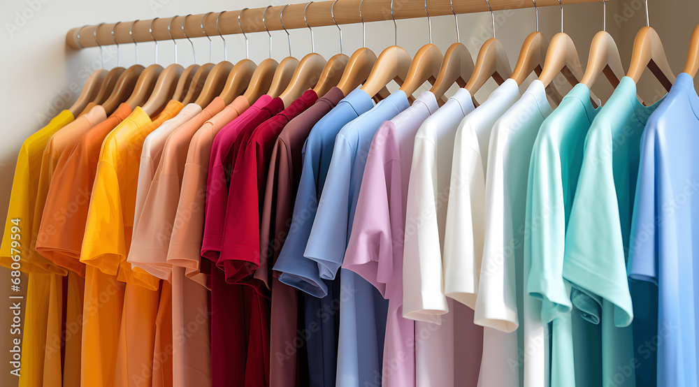 Camisetas de muchos colores colgadas en perchas Camisetas de muchos colores colgadas en perchas
