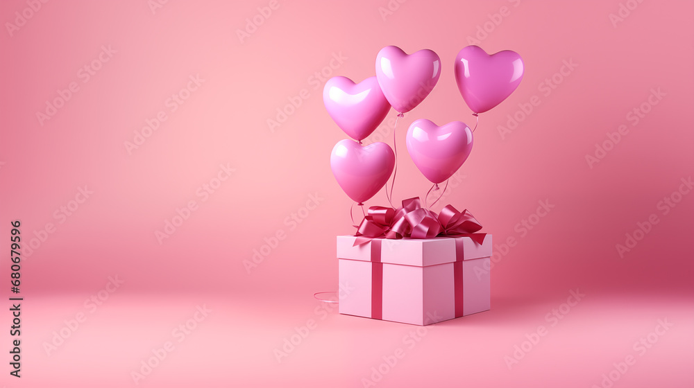 Gift box with heart-shaped balloons.