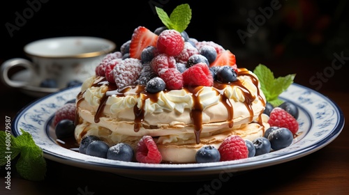  a cake with berries, raspberries, blueberries, and a drizzle of chocolate on a blue and white plate next to a cup of coffee.
