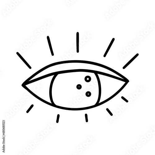 Third eye open icon. Sign of awareness and spiritual development, chakra of intuition, awakening. Black and white vector isolated illustration doodle hand drawn