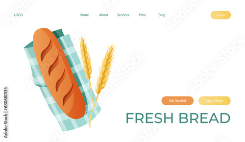 Landing page with homemade baked bread on a gingham tablecloth, wheat. Loaf food, pastry. Pastries from the dough. Baking, bakery shop, cooking, sweet, dessert. Vector for banner, website, banner