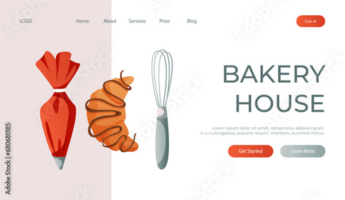 Landing page with kitchen whisk, pastry bag, french croissant for homemade cooking. Baking tools, utensils, supplies, stuff. Baking shop, cooking, sweet, dessert. Vector for banner, website, banner