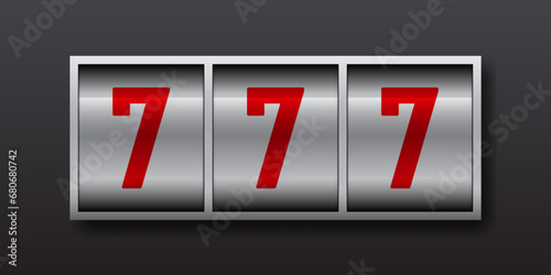 "n078.2311 Silver mechanical scoreboard. Realistic mechanical counter.
Jackpot 777 digits counter. Money coins winner casino success concept. Slot machine with lucky sevens jackpot. Red sevens