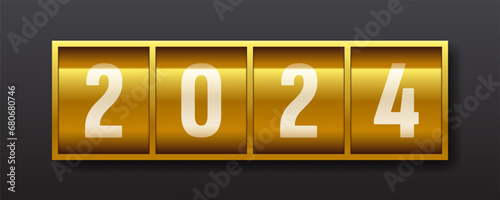 n077.2311 Happy New Year 2024. White numbers 2024 on golden background. Golden mechanical scoreboard. Countdown to the New Year. Realistic mechanical counter. Vector illustration