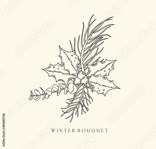 Winter floral botanical black line art bouquet. Christmas pine cones, fir branches leaves line art hand drawn sketch arrangement. Vector illustration for wedding invitation save the date card