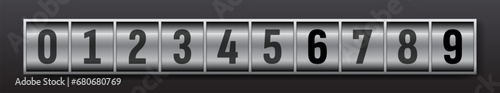 n080.2311 Realistic mechanical counter. Silver mechanical scoreboard. Numerical counter display for web design. Numbers counter. Vector illustration. Counter display with numbers, silver numerical