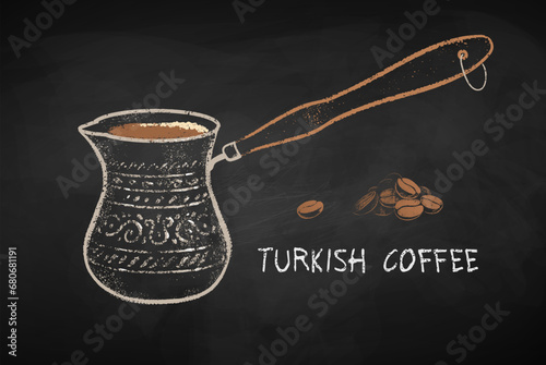 Turkish Coffee in Cezve on black chalkboard background. Vector chalk drawn sideview grunge illustration.