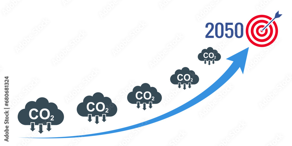 Increasing arrow with carbon reduction to achieve the goal by 2050 for for decrease CO2, social problem global warming from climate change, decrease carbon footprint, green economy concept - vector