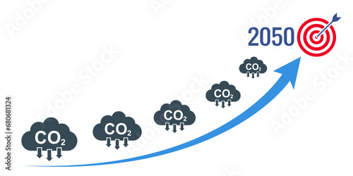 Increasing arrow with carbon reduction to achieve the goal by 2050 for for decrease CO2, social problem global warming from climate change, decrease carbon footprint, green economy concept - vector