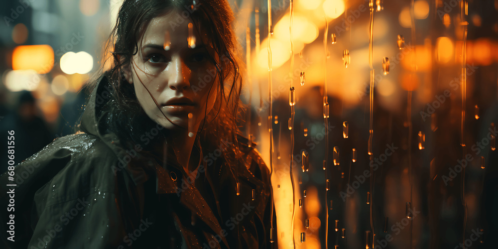 Mujer en la calle vista a través de un cristal mojado con gotas de agua - obrazy, fototapety, plakaty 