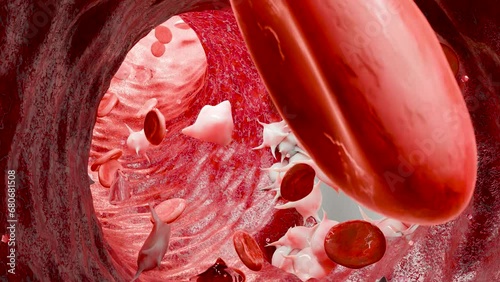 Hemostasis. Red blood cells and platelets in the blood vessel,  vasoconstriction, wound healing process. hemorrhage clot embolisms, Hemophilia. fibrinolysis, injury bleeding coagulation, 3d render