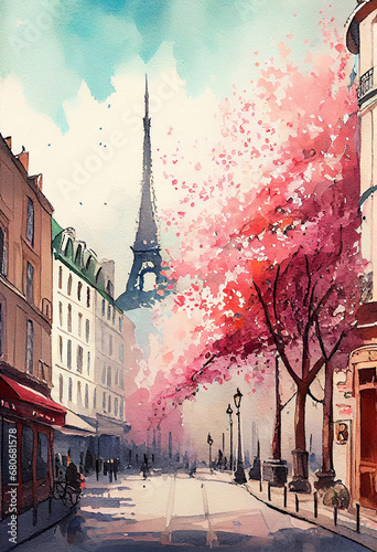 Paris, France watercolor artwork. AI generative