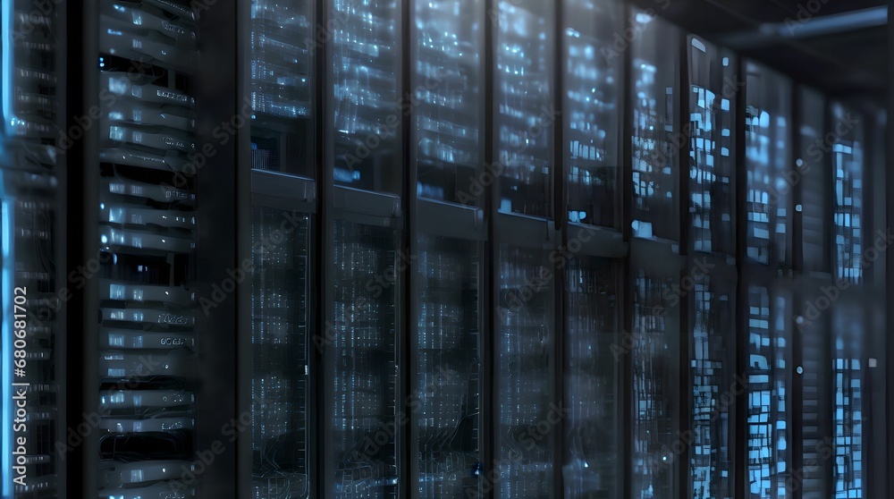 server room with many racks , with depth of field and fog, server room with many racks , with depth of field and fog,