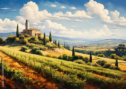 Landscape from Tuscany. Sunny day and view from above. View of Tuscan fields, surrounding hills and vineyards. Typical Tuscan architecture. Stone villa, Italian style. Clear blue sky with soft clouds.