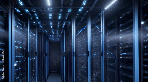 server room with many racks , with depth of field and fog,  photo