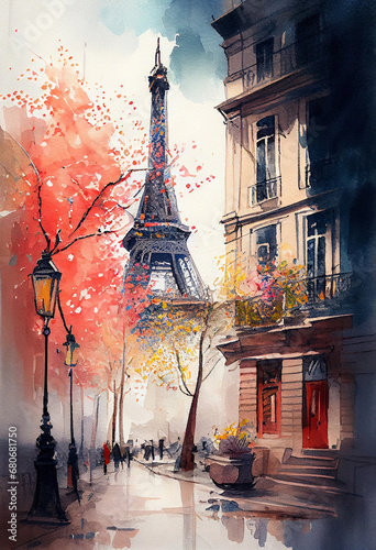 Paris  France watercolor artwork. AI generative