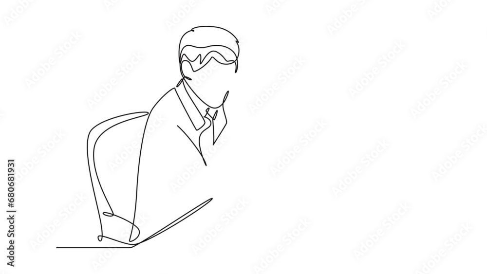 Animated self drawing of continuous line draw young despair man employee got headache reading of document papers on his desk. Worker overload pressure at office concept. Full length one line animation Animated self drawing of continuous line draw young despair man employee got headache reading of document papers on his desk. Worker overload pressure at office concept. Full length one line animation