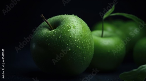  a group of green apples sitting next to each other on a black surface with drops of water on the tops of the apples and the tops of the green apples.