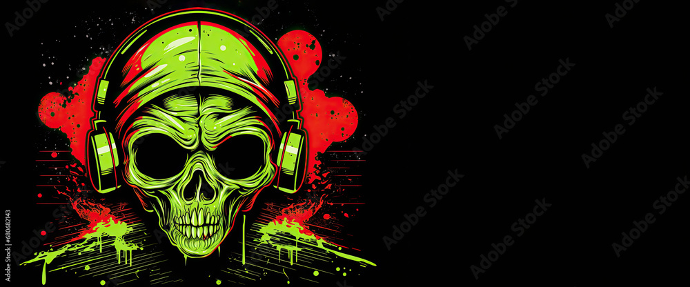 Image of a green skull in headphones on a black background with free space