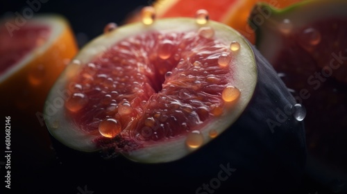  a close up of a grapefruit cut in half with drops of water on the outside of the grapefruit and the inside of the grapefruit.