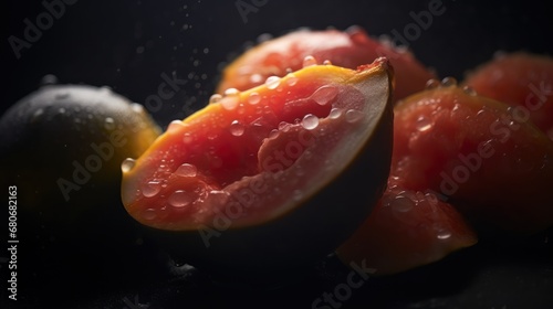  a close up of a grapefruit on a black background with drops of water on the whole grapefruit and the whole grapefruit in the background.