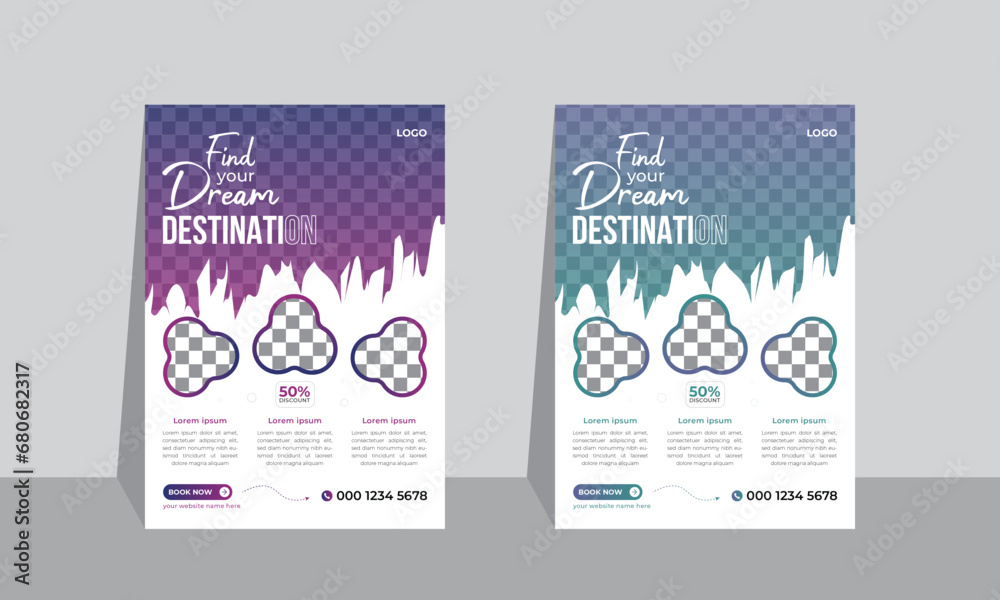 Fototapeta premium Colorful travel flyer design template or adventure poster template