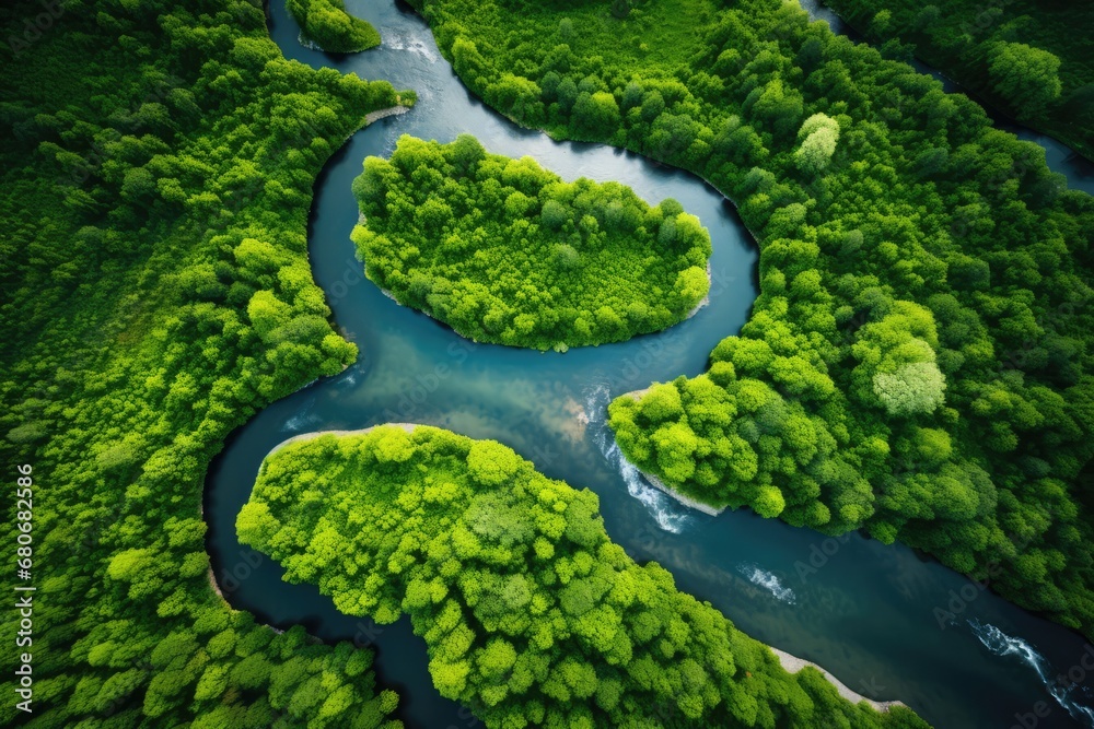 Top view of a winding river through forest, drone photography style, generative AI Top view of a winding river through forest, drone photography style, generative AI