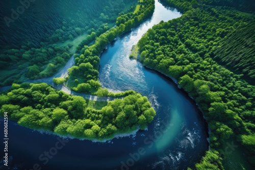 Top view of a winding river through forest, drone photography style, generative AI