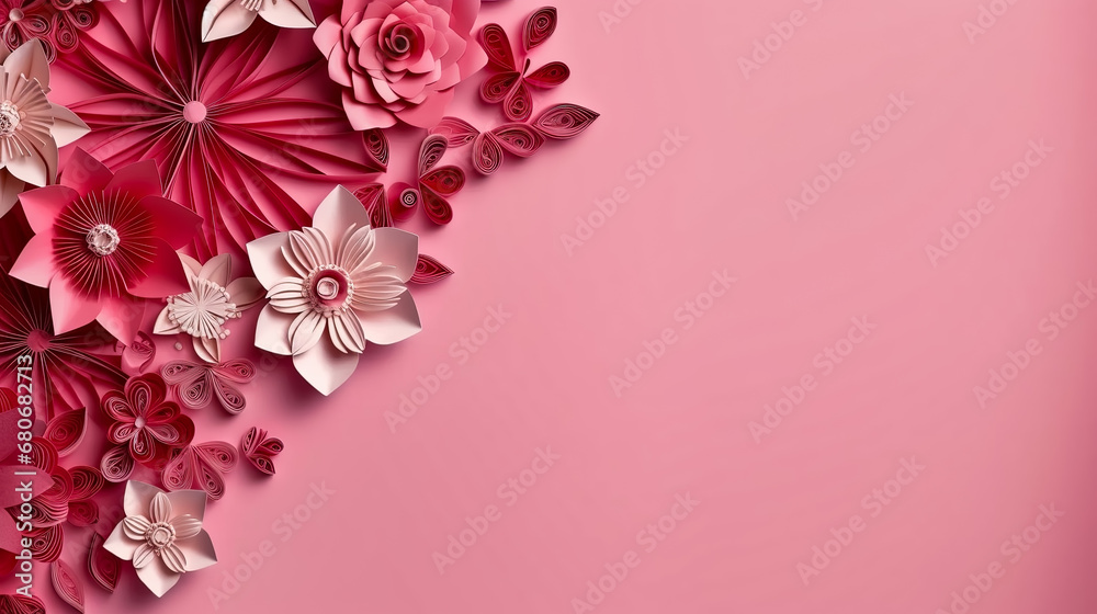 Greeting card template with abstract composition of paper flowers using quilling technique.