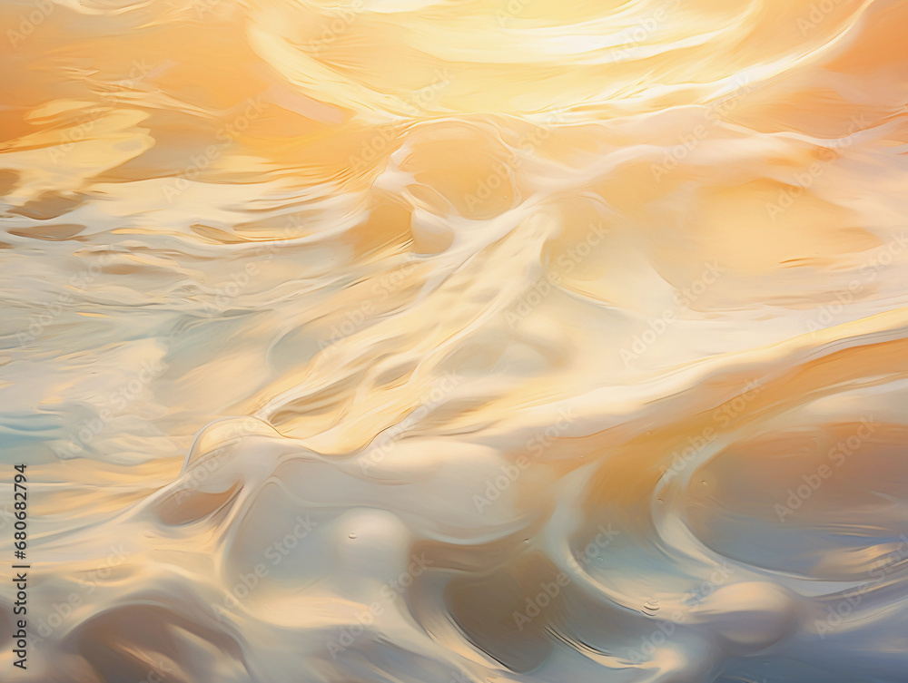 Abstract impressionist painting, a tranquil beach at sunset, swirling waves meeting golden sands, warm pastel hues, flowing brushstrokes