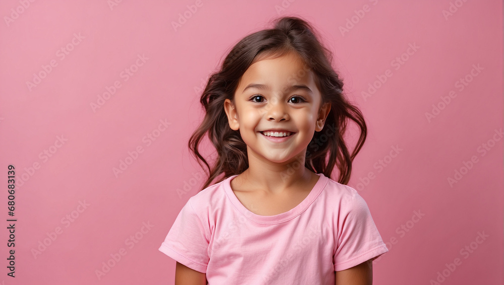 Little girl smile isolated in pink background, backdrop with copy space Little girl smile isolated in pink background, backdrop with copy space