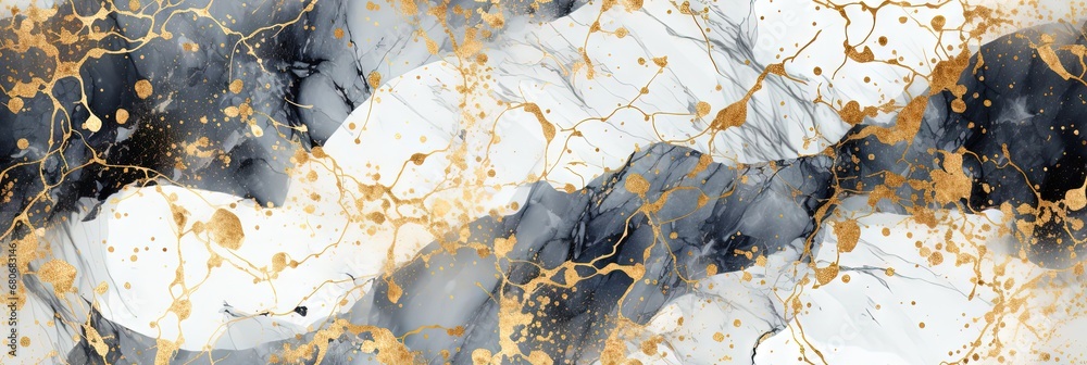 Abstract luxury multicolor marble stone seamless pattern texture with a plain background, gold lines, foil accents. Great as wallpaper or banner. Generative AI, AI