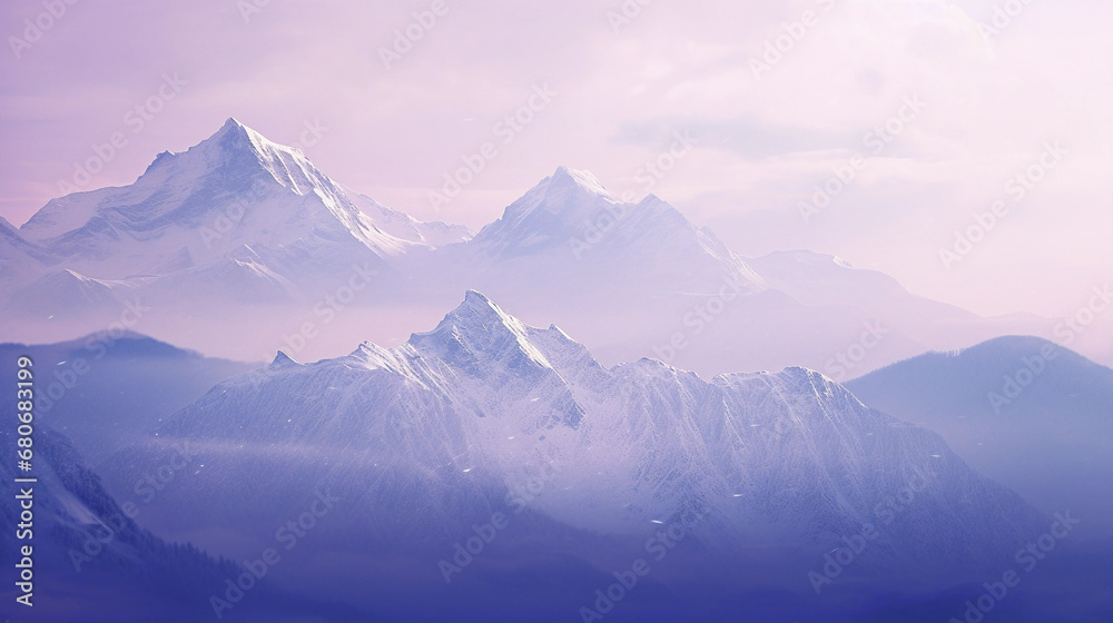 Purple Mountain's Majesty, peaks colored in shades of lavender and violet, snow-caps in silver, dreamlike atmosphere