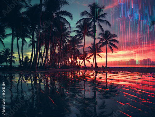 Glitch art photograph  distorted palm trees and pixelated surf  beach scene with a surreal twist
