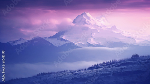 Purple Mountain's Majesty, peaks colored in shades of lavender and violet, snow-caps in silver, dreamlike atmosphere