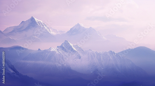 Purple Mountain's Majesty, peaks colored in shades of lavender and violet, snow-caps in silver, dreamlike atmosphere