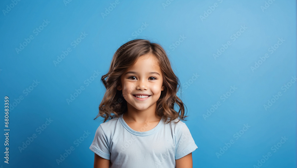 Little girl smile isolated in bright blue background, backdrop with copy space Little girl smile isolated in bright blue background, backdrop with copy space
