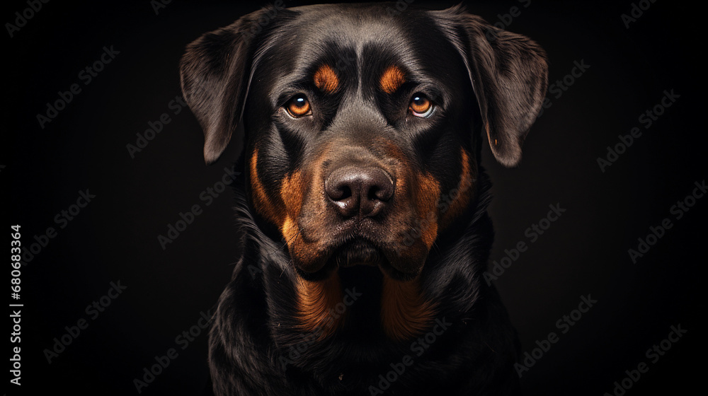 Rottweiler portrait, details down to the fur and eyes, dramatic contrast Rottweiler portrait, details down to the fur and eyes, dramatic contrast