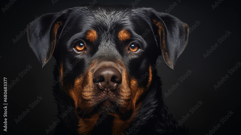 Rottweiler portrait, details down to the fur and eyes, dramatic contrast