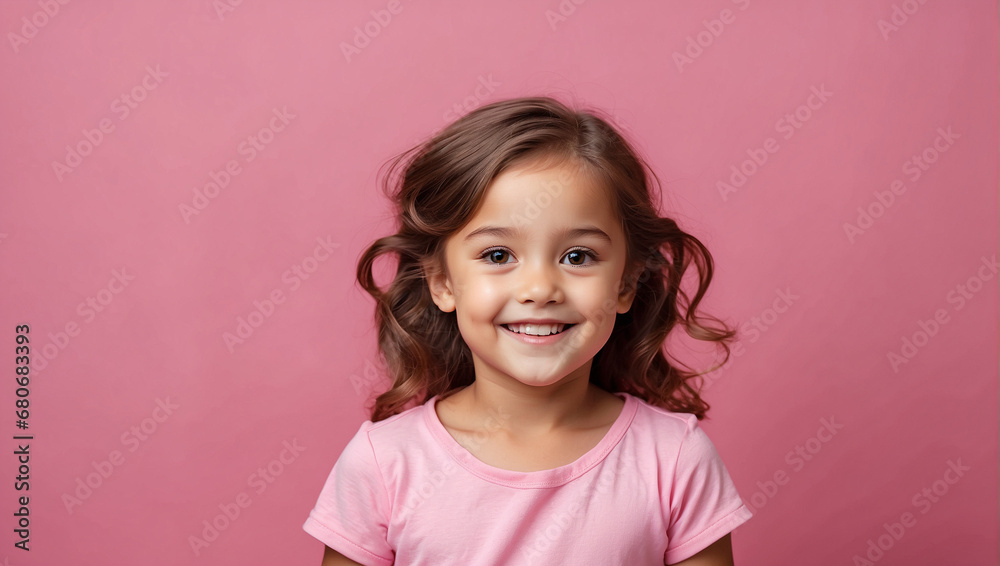 Little girl smile isolated in pink background, backdrop with copy space Little girl smile isolated in pink background, backdrop with copy space