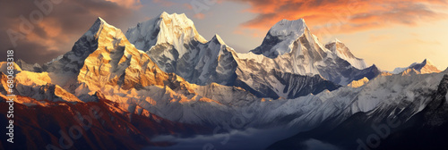 Himalayas, snow-capped peaks at golden hour, intricate details of the snow and rocks, glowing atmosphere, dynamic range
