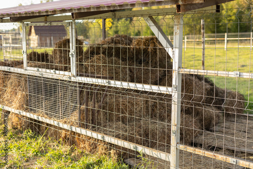 Bales of hay are stacked under a canopy on pallets. The hay stacks are stored under the roof to protect it from rain and snow. Hay is stored for the winter for the livestock on the farm.