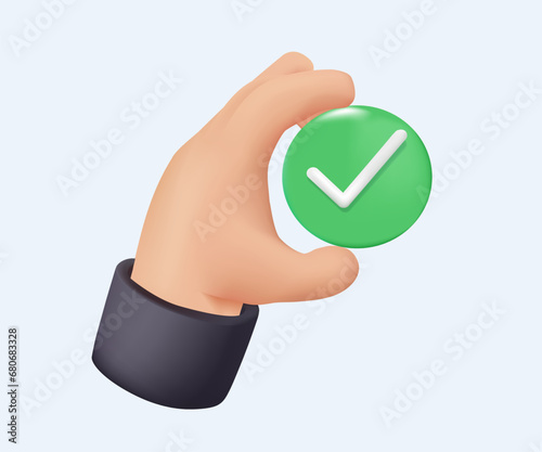 Hand holding checkmark symbol 3D vector. Checkmark right vector icon. Green checklist vector design. Checkmark icon