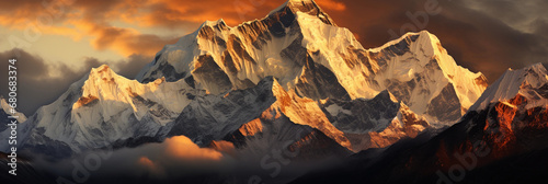 Himalayas, snow-capped peaks at golden hour, intricate details of the snow and rocks, glowing atmosphere, dynamic range © Marco Attano